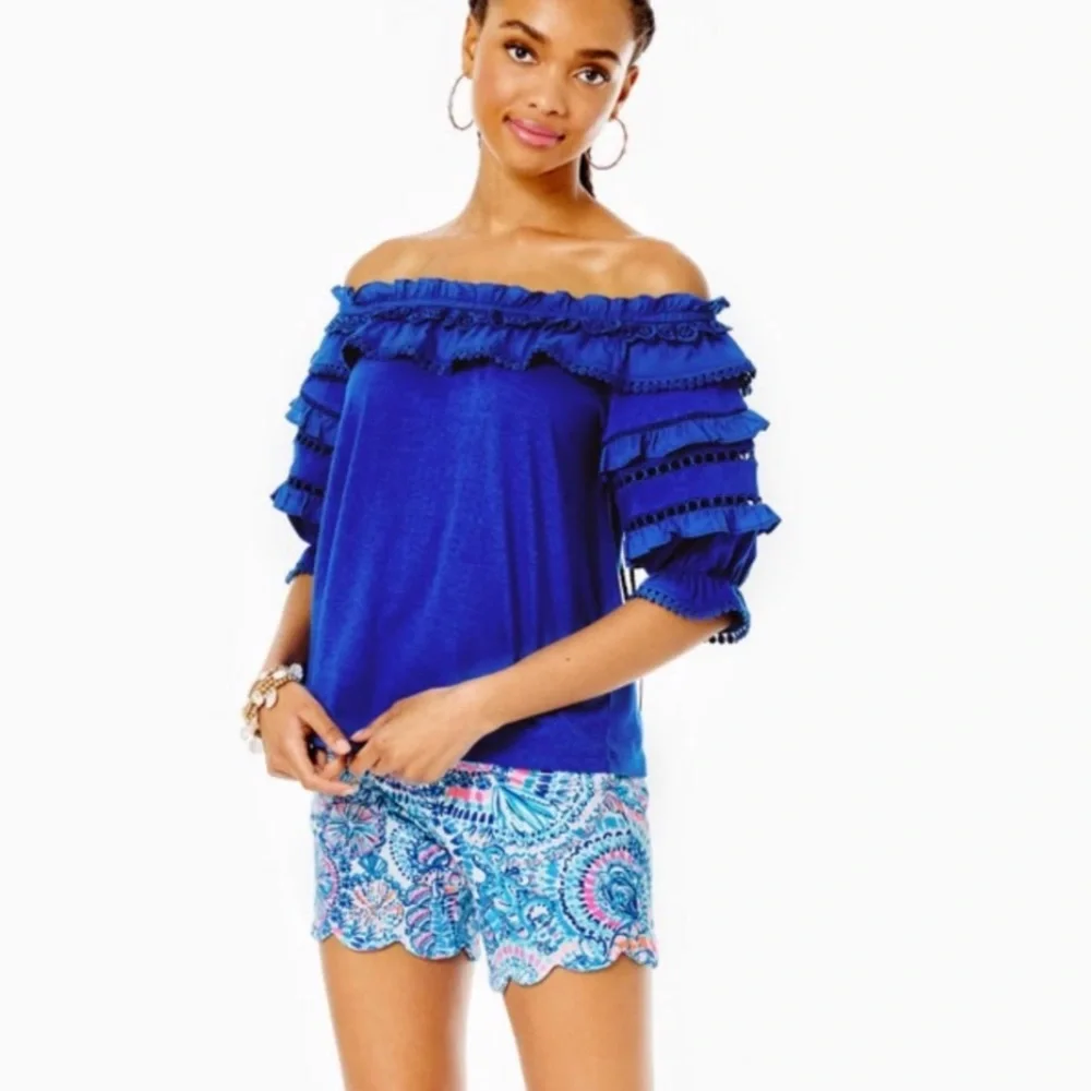Lilly Pulitzer Brentwood Top in Blue Grotto $108 Puff‎ Sleeve Eyelet Size XS